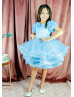 Short Sleeves Blue Satin Tulle Flower Girl Dress